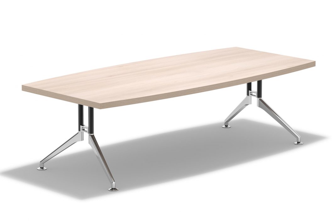 Das Bild zeigt einen Ypsilon Premium Besprechungstisch mit einer Tischplatte in Tonnenform aus 50 mm starkem Holzdekor. 