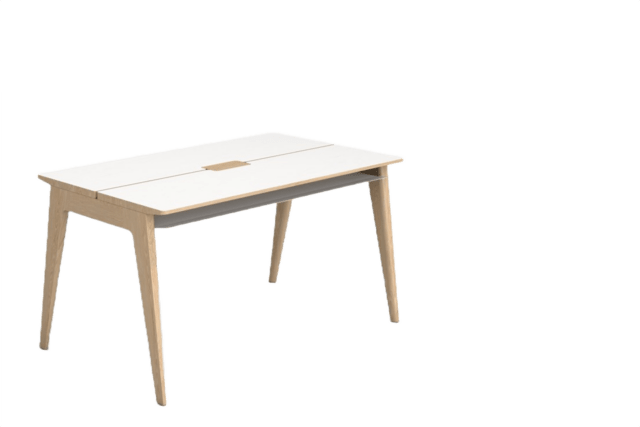 Section Tisch aus massivem Eichenholz, Oberfläche weiss lasiert mit Ablagefläche aus weißem Metall unterhalb der Tischplattenoberfläche. Tischplatte zwei geteilt mit Zugriff auf Elektrifizierung.