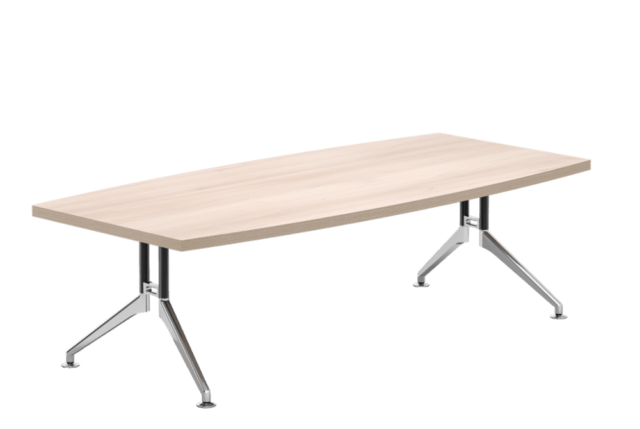 Ypsilon Premium Besprechungstisch mit Tischfüßen aus schwarzem Stahl und hochglanzpoliertem Aluminium. Tischplatte aus Holzdekor in Tonnenform.