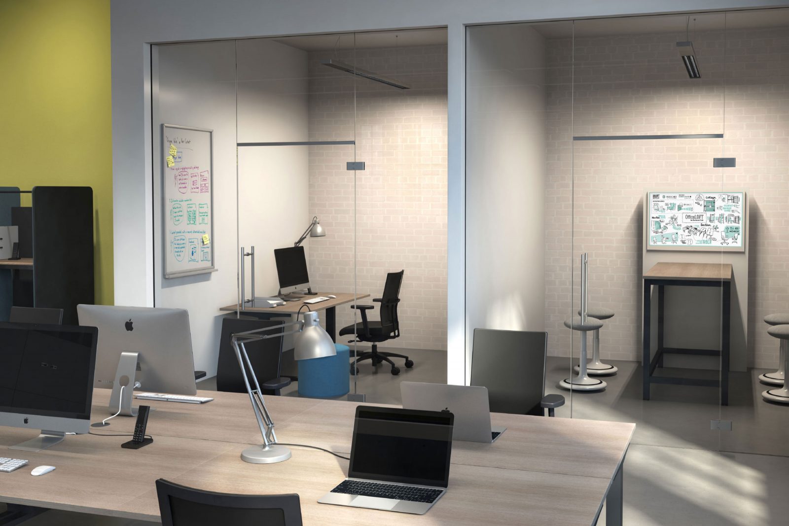 Rendering zeigt Rückzugsbereiche im Büro mit Schreibtisch und Hochtisch mit Medienboard und Stehhilfen
