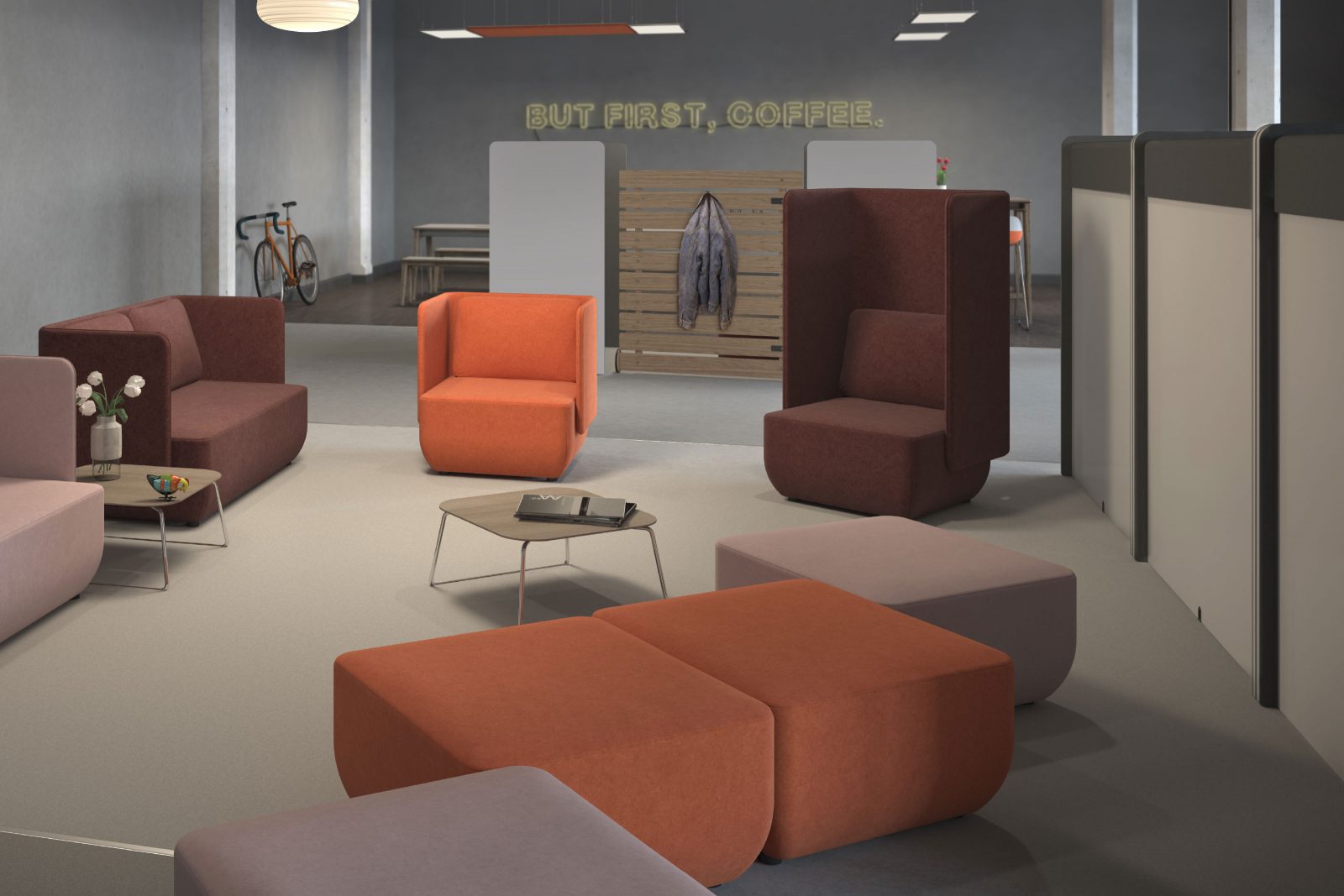 Rendering Blick auf eine Sitzlandschaft aus Sesseln, Sofas und stoffbezogenen Hockern in Orange, Rosa und Braun