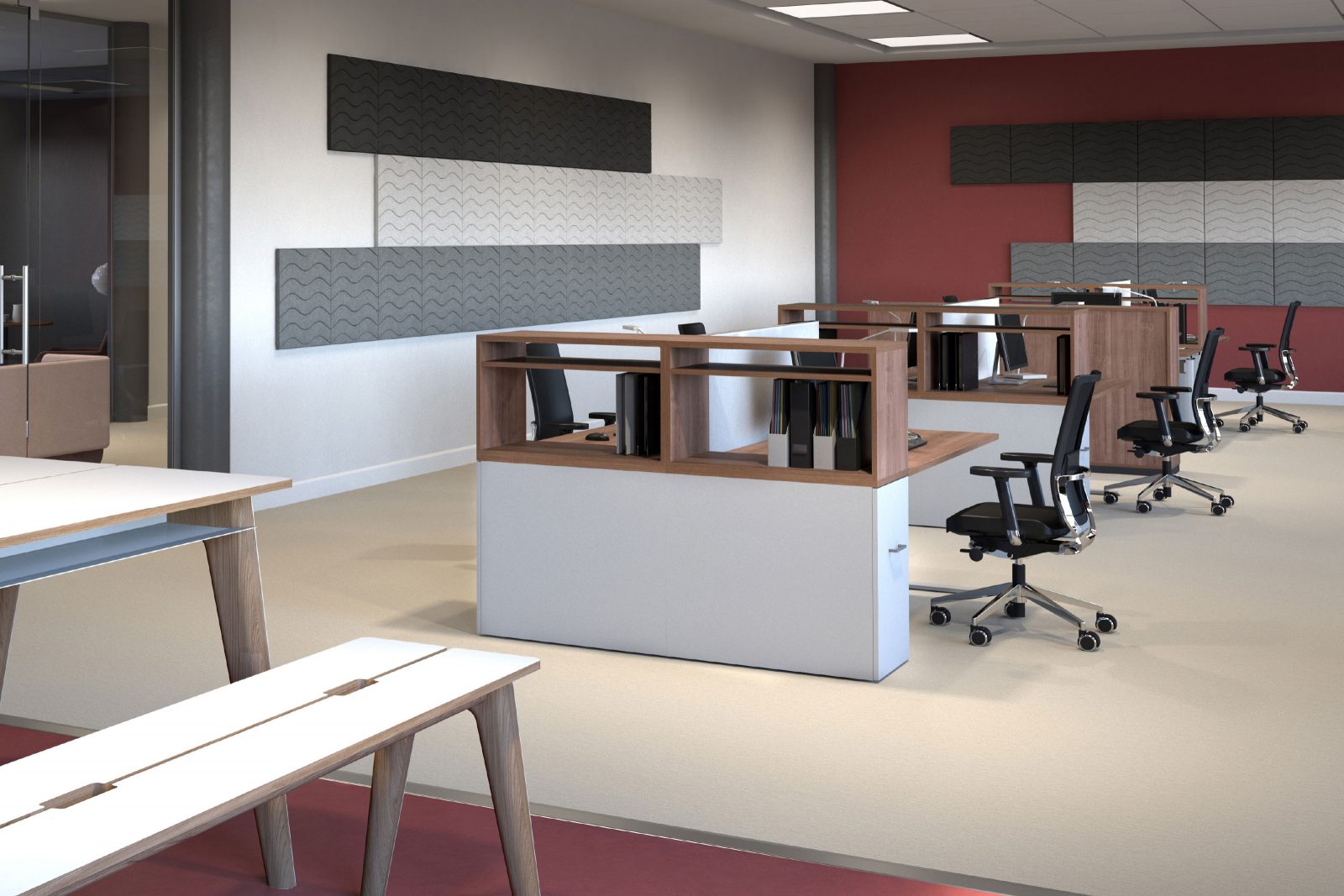 Rendering zeigt Blick in einen offenen Büroraum mit Doppelarbeitsplätzen, die jeweils durch Small Tower mit einem offenen Aufsatzschrank voneinander getrennt sind