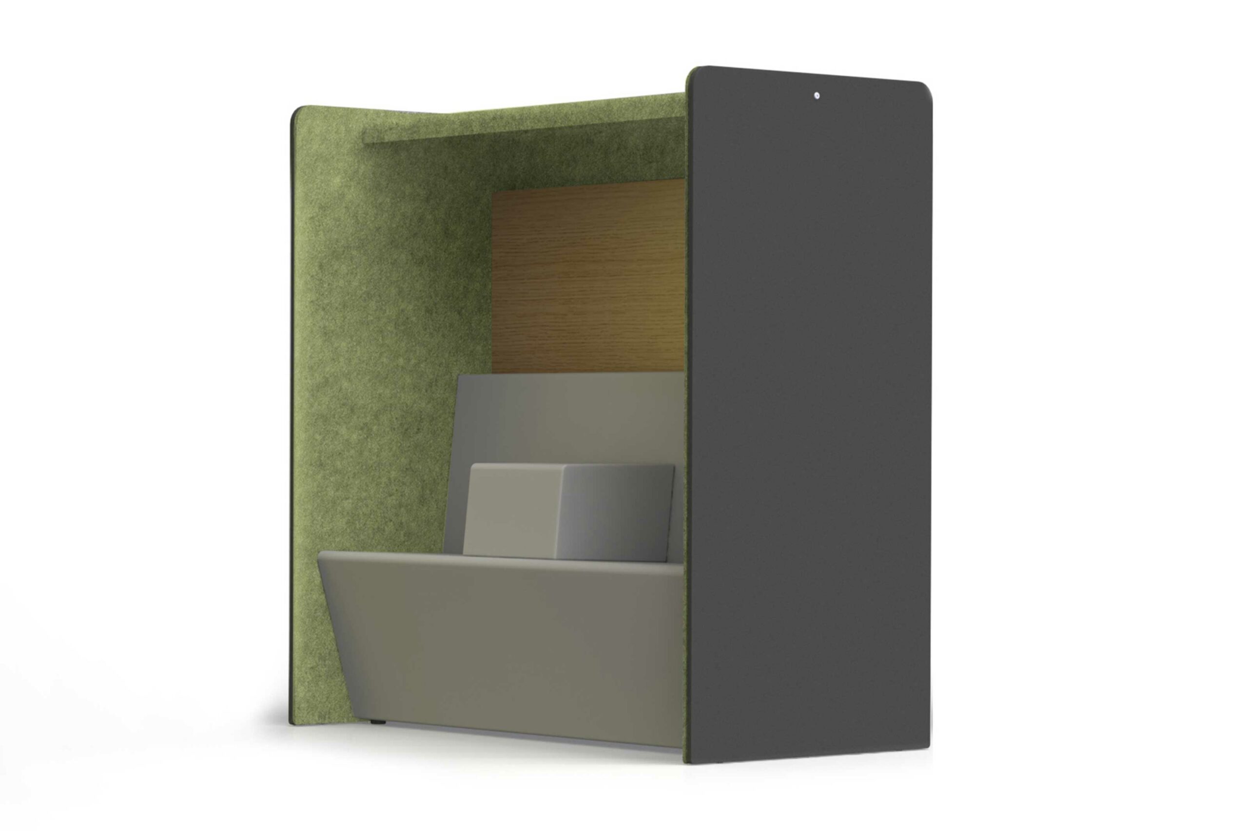 Bild zeigt ein Modul zur Raumgliederung mit einem integrierten Sofa als Sitznische. Seitenwände und Baldachin aus Akustikvlies in Grün. Das Sofa ist hellgrau mit mittiger Armlehne. 