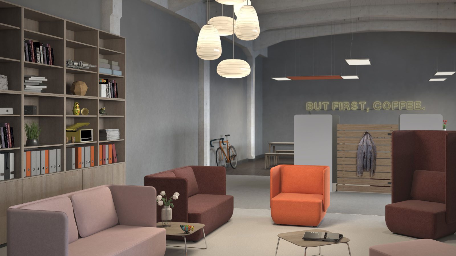 Rendering zeigt eine Büroszene mit einer Loungeecke. Darin stehen Sofas, Sessel und Sitzhocker in den Farben Rosa, Braun und Orange sowie zwei Beistelltische. Links an der Wand steht ein hohes Büroregal.