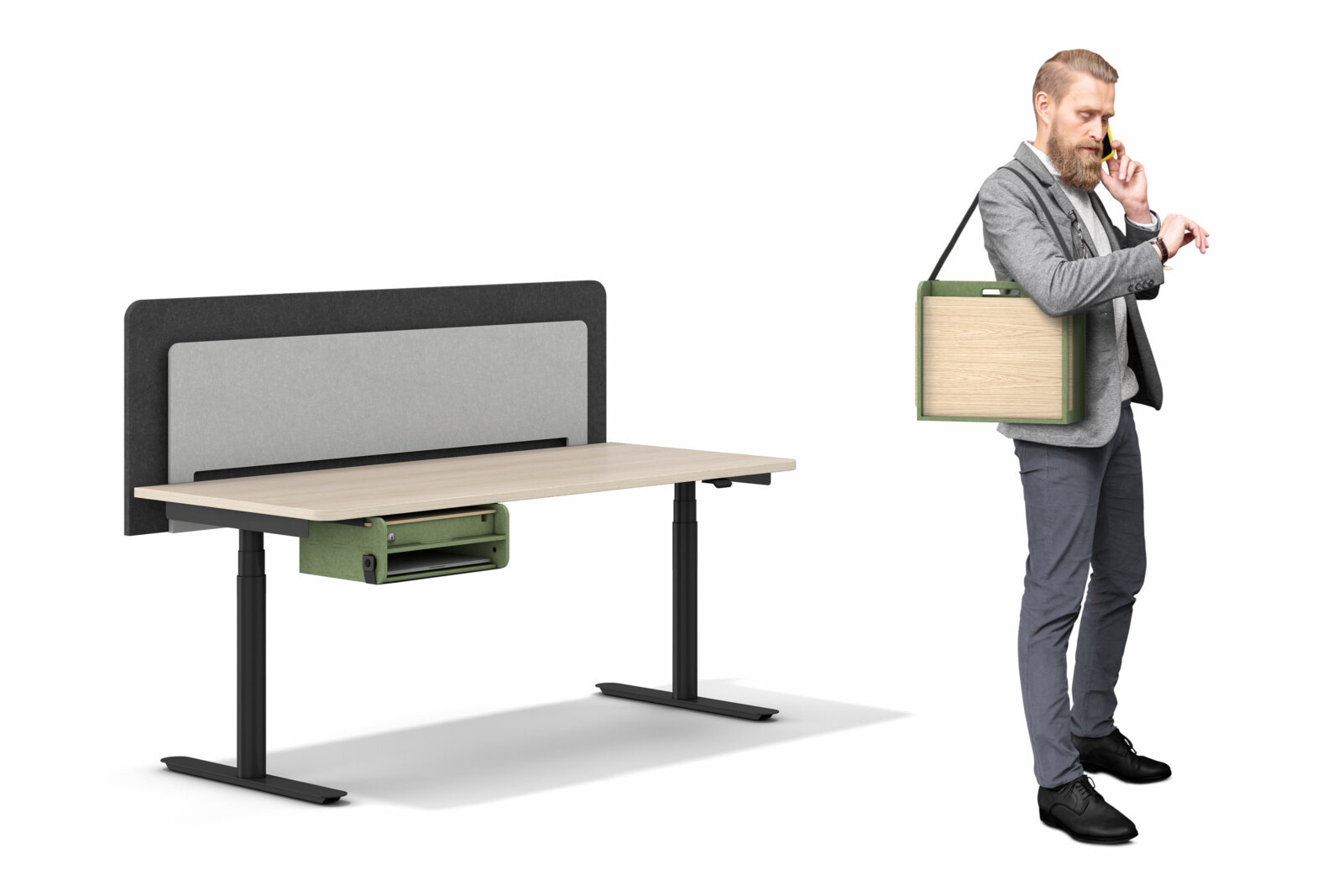 Bildausschnitt zeigt einen Mann der eine Neo Box über der Schulter trägt, links daneben sieht man einen Schreibtsich mit Akustikwand und Neo Box