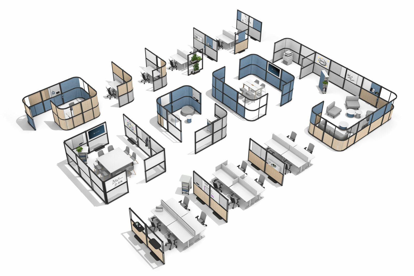 Raumaufsicht eines offenen Büros, das durch Stellwände zoniert ist und verschiedenen Bürozonen zeigt