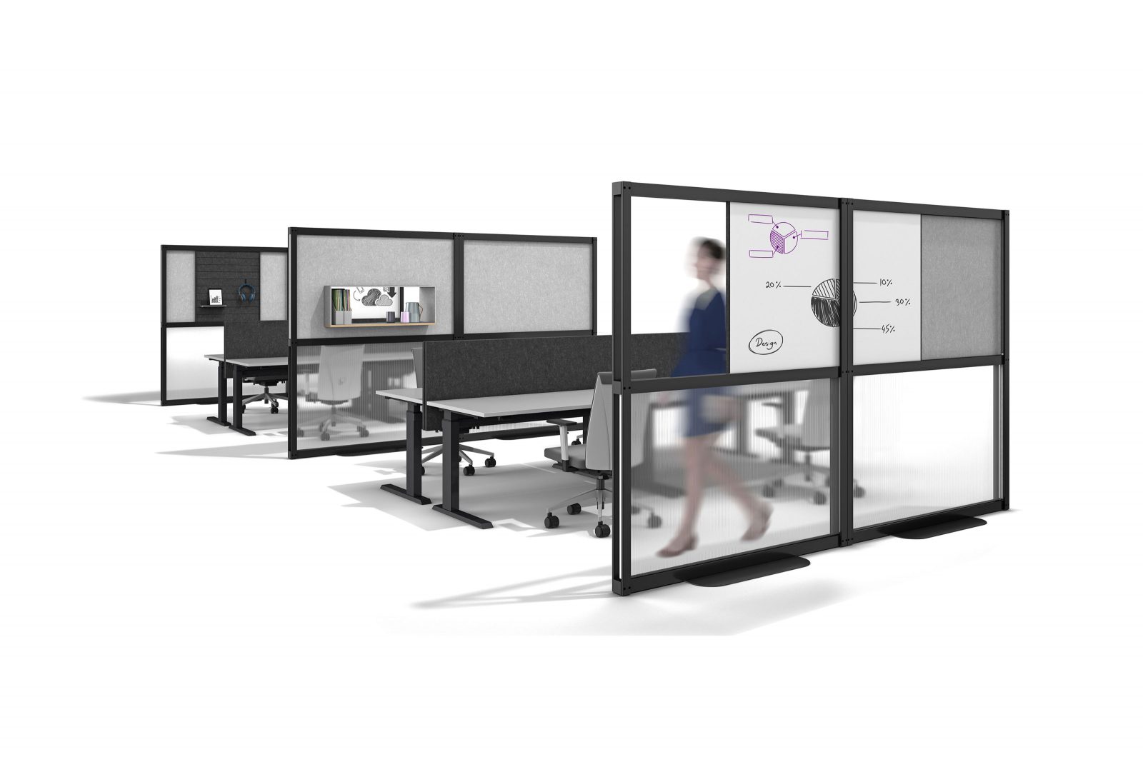 Rendering zeigt zwei Arbeitsbereiche mit je vier Schreibtischen, die von Raumteilern getrennt sind und eine Frau, die durchs Bild läuft