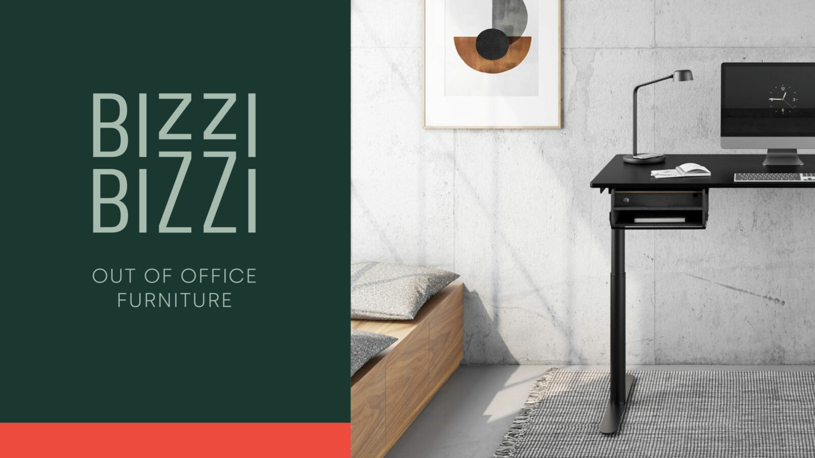 Banner zeigt Ankündigung des BIZZI BIZZI Homeoffice Shops für "Out of office furniture". Im Anschnitt sieht man einen höhenverstellbaren Schreibtisch und eine Sitzbank.