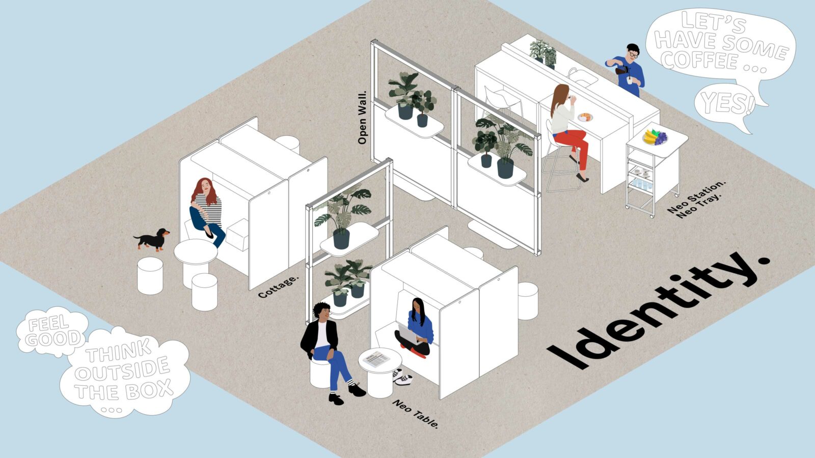 Zeichnung zum Thema Unternehmenszugehörigkeit zeigt Büromöbel auf einer Fläche und Menschen die miteinander arbeiten, Kaffee trinken und entspannen.