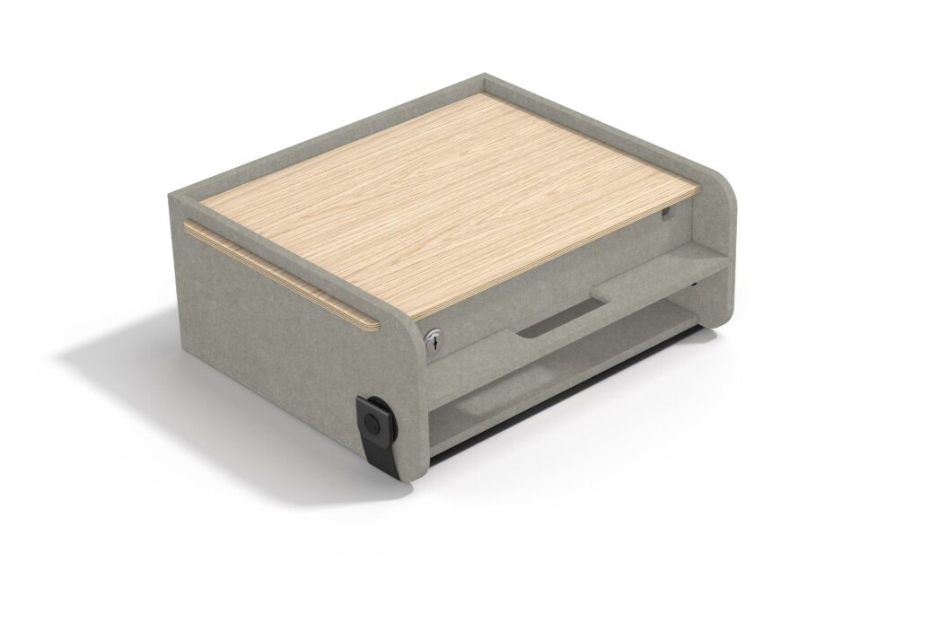 Bild zeigt eine NeoBox Toolbox aus PET-Akustikvlies in der Farbe Taupe und mit Deckplatte in Holzdekor Eiche. 