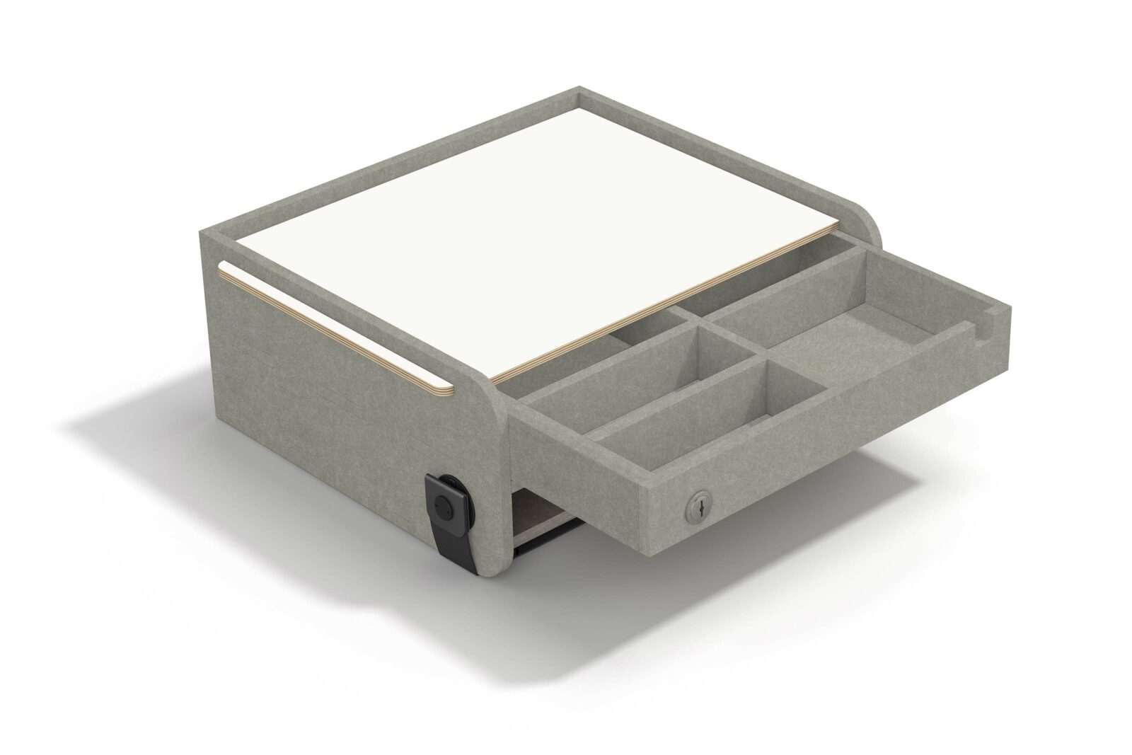 Neo Box als mobile Stauraumlösung mit geöffneter Schublade und Blick auf Einteilung für Kleinteile und Schloss zum Abschliessen