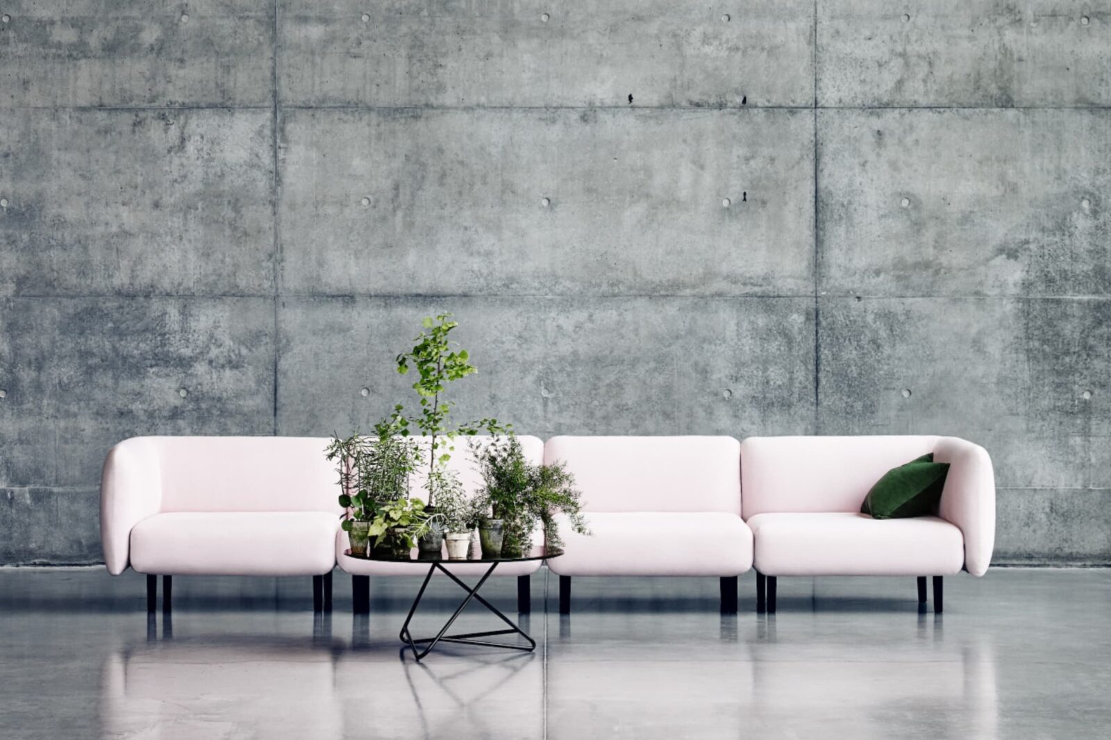 Modulares Sofa in Rosa mit schwarzen Stellfüßen davor steht ein Beistelltisch mit Pflanzen