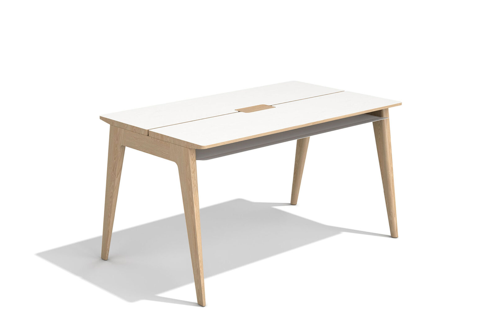 Section Tisch aus massivem Eichenholz und Oberfläche weiß lasiert mit Ablagefächern aus Metall und einer Klappe aus Eichenholz für die Verkabelung