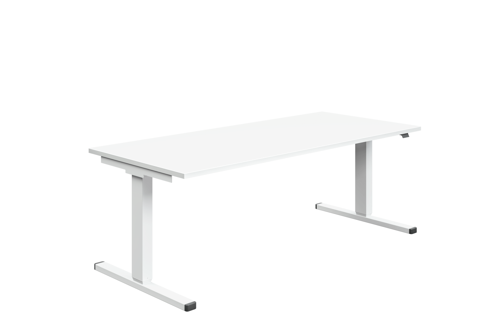 Das Bild zeigt einen höhenverstellbaren Schreibtisch der Serie Mono. Das Gestell und die Tischplatte sind weiß. Die Endkappen der Fußausleger sind aus schwarzem Kunststoff.