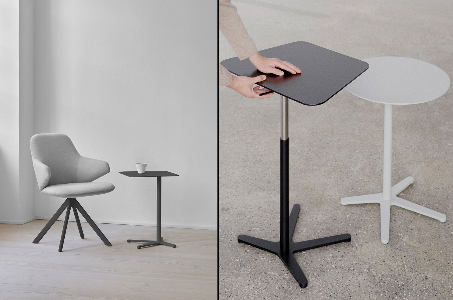 Zwei Fotos zeigen die XO Beistelltische. Links im Bild eine Variante in Schwarz mit rechteckiger Tischplatte zusammen mit einem Sessel. Rechts das Foto zeigt die Hände einer Person, die die Höhenverstellung des Beistelltisches betätigt.