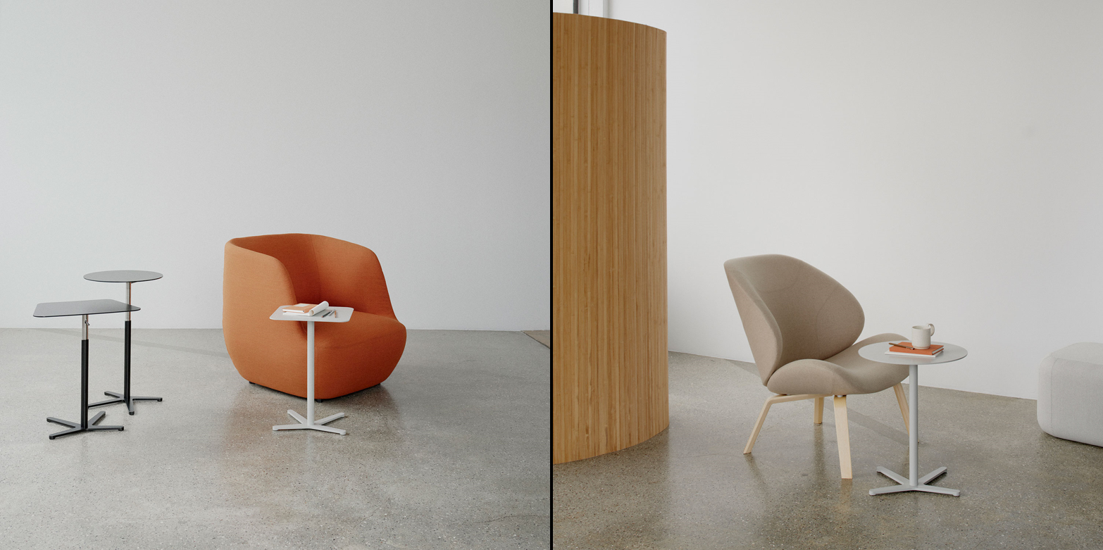 as Bild zeigt zwei verschiedene Milieus in denen der Beistelltisch xo von Softline zusammen mit einem Sessel gezeigt wird.